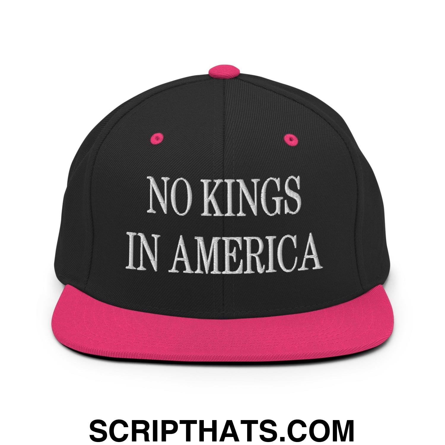 No Kings in America Embroidered Flat Brim Bill Snapback Hat Black Neon Pink