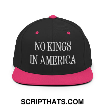 No Kings in America Embroidered Flat Brim Bill Snapback Hat Black Neon Pink