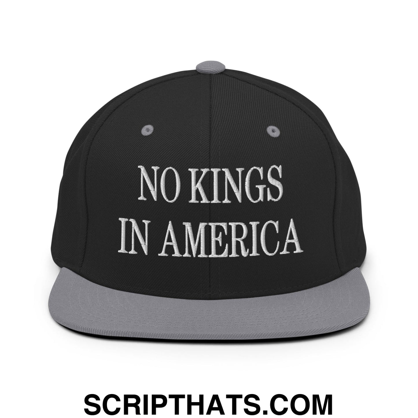 No Kings in America Embroidered Flat Brim Bill Snapback Hat Black Silver