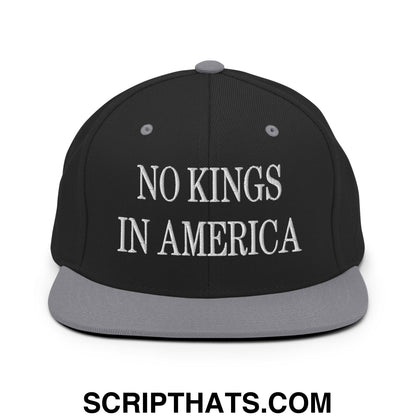 No Kings in America Embroidered Flat Brim Bill Snapback Hat Black Silver