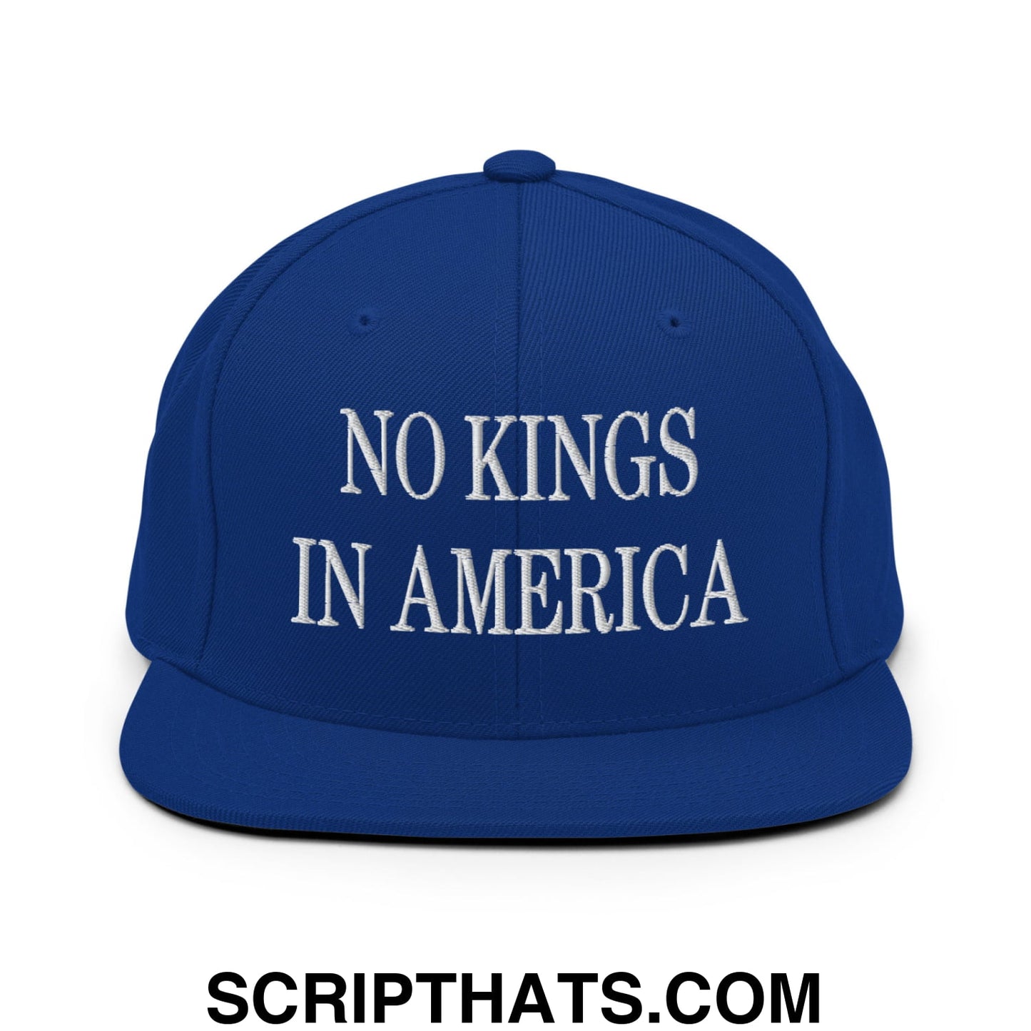 No Kings in America Embroidered Flat Brim Bill Snapback Hat Royal Blue