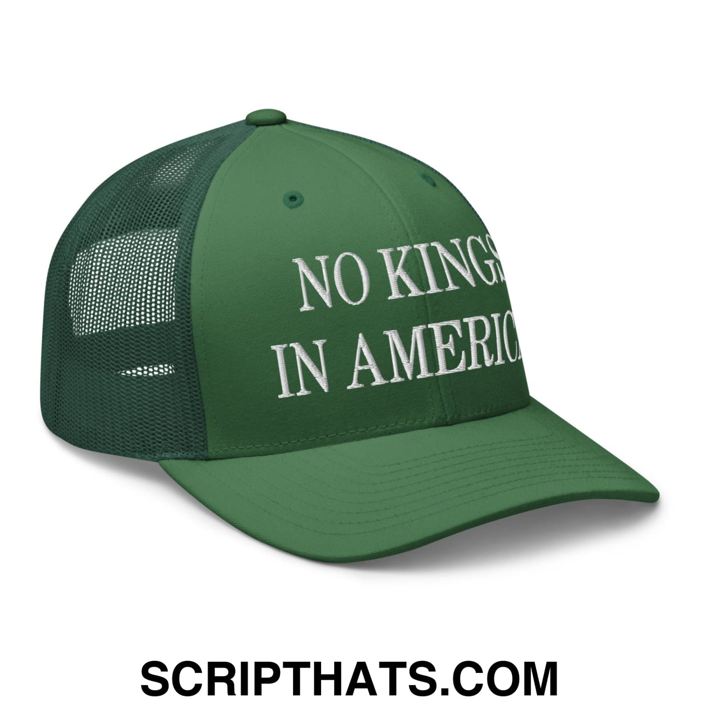 No Kings in America Embroidered Mesh Trucker Hat Evergreen