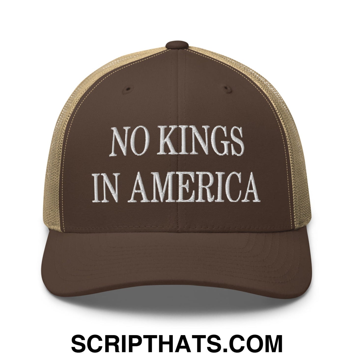 No Kings in America Embroidered Mesh Trucker Hat Brown Khaki