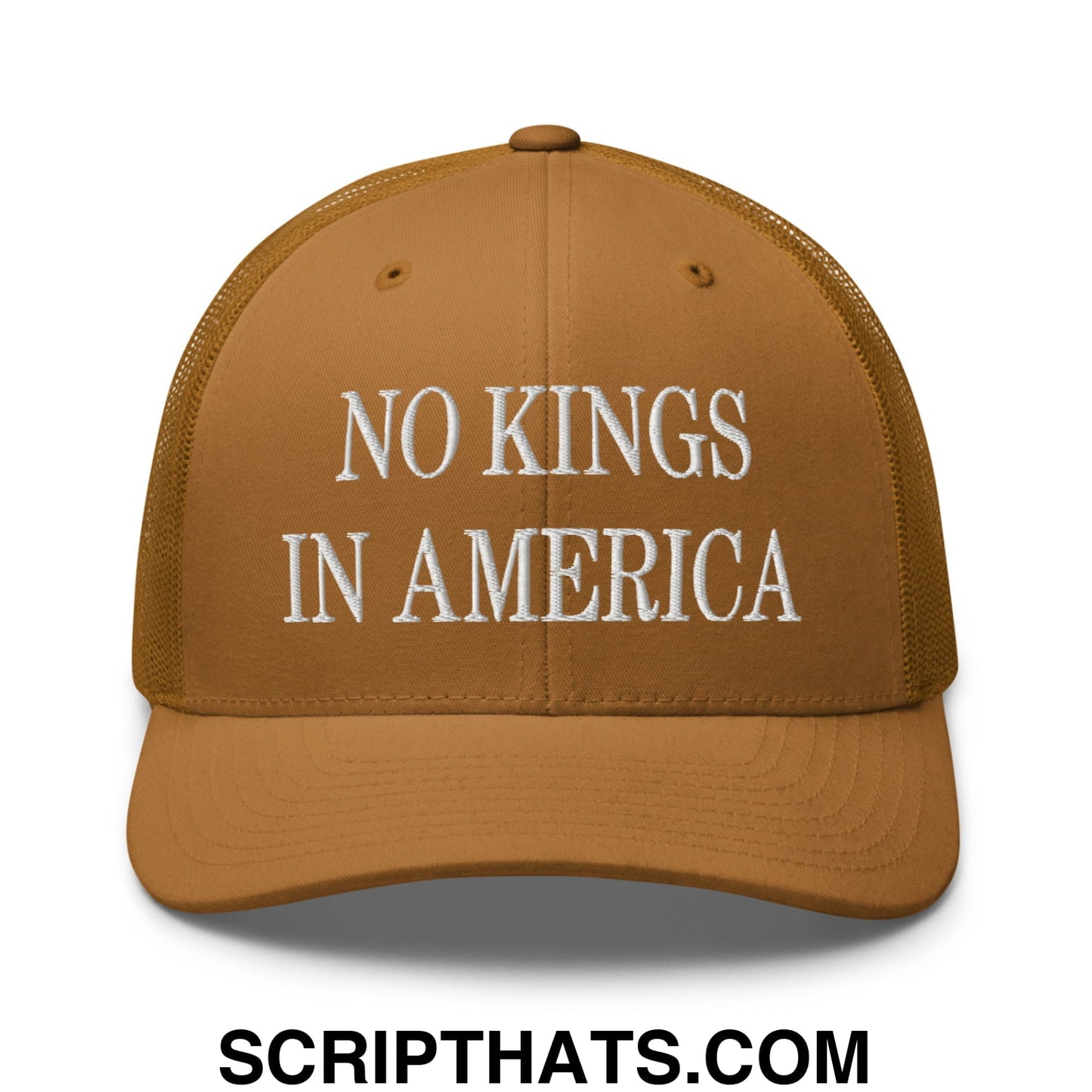 No Kings in America Embroidered Mesh Trucker Hat Caramel