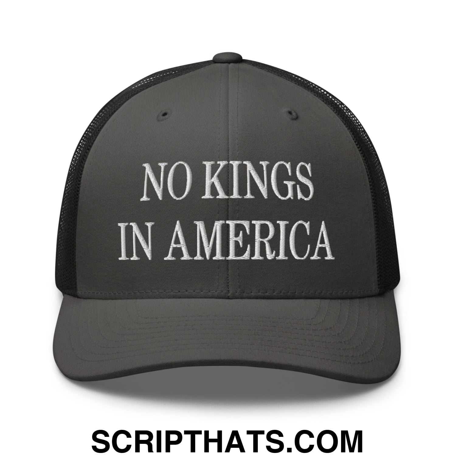 No Kings in America Embroidered Mesh Trucker Hat Charcoal Black