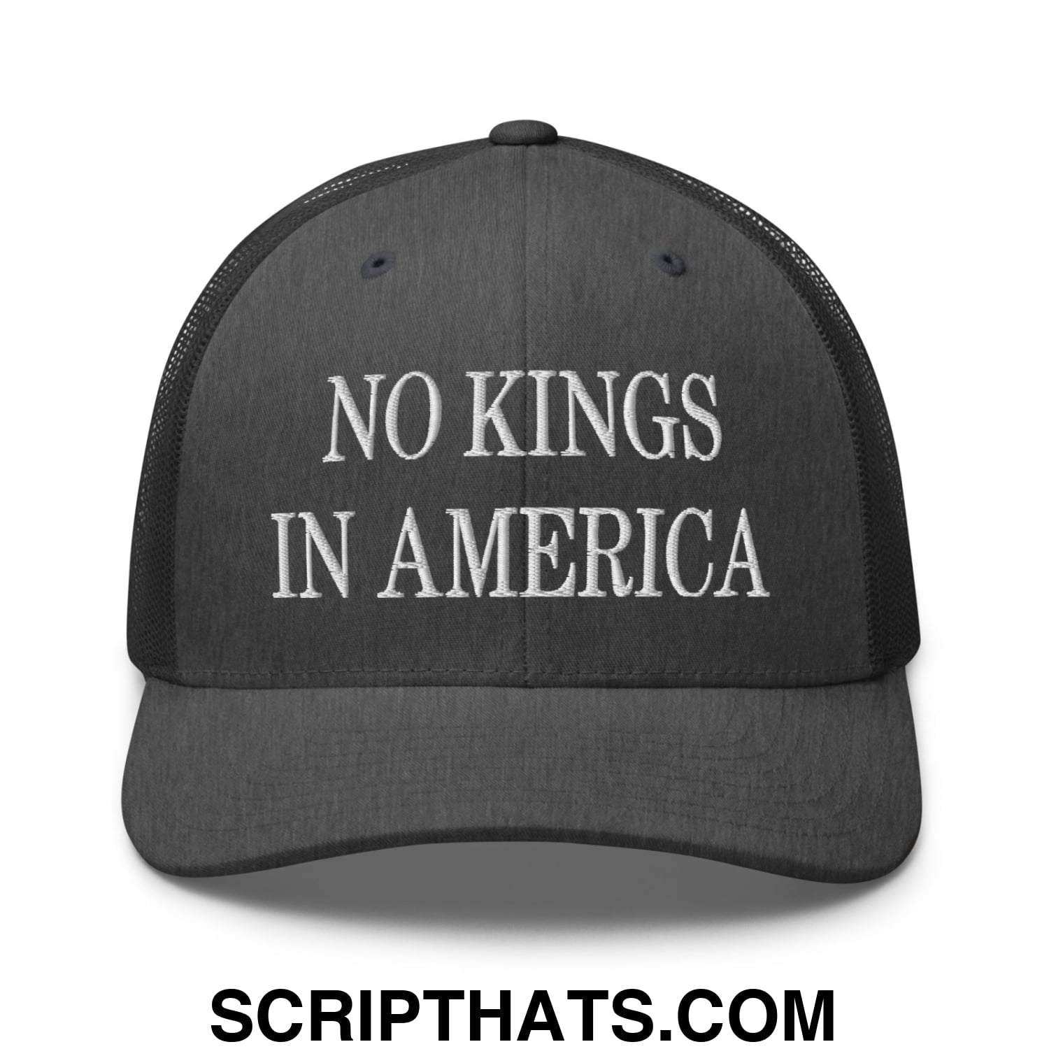 No Kings in America Embroidered Mesh Trucker Hat Dark Heather Gray