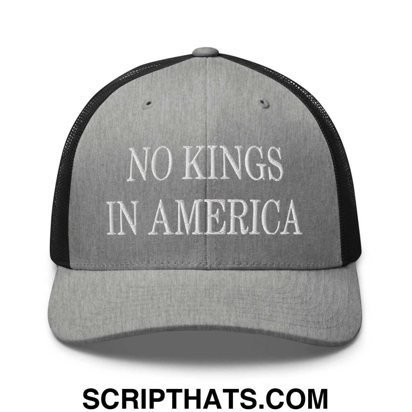 No Kings in America Embroidered Mesh Trucker Hat Heather Black