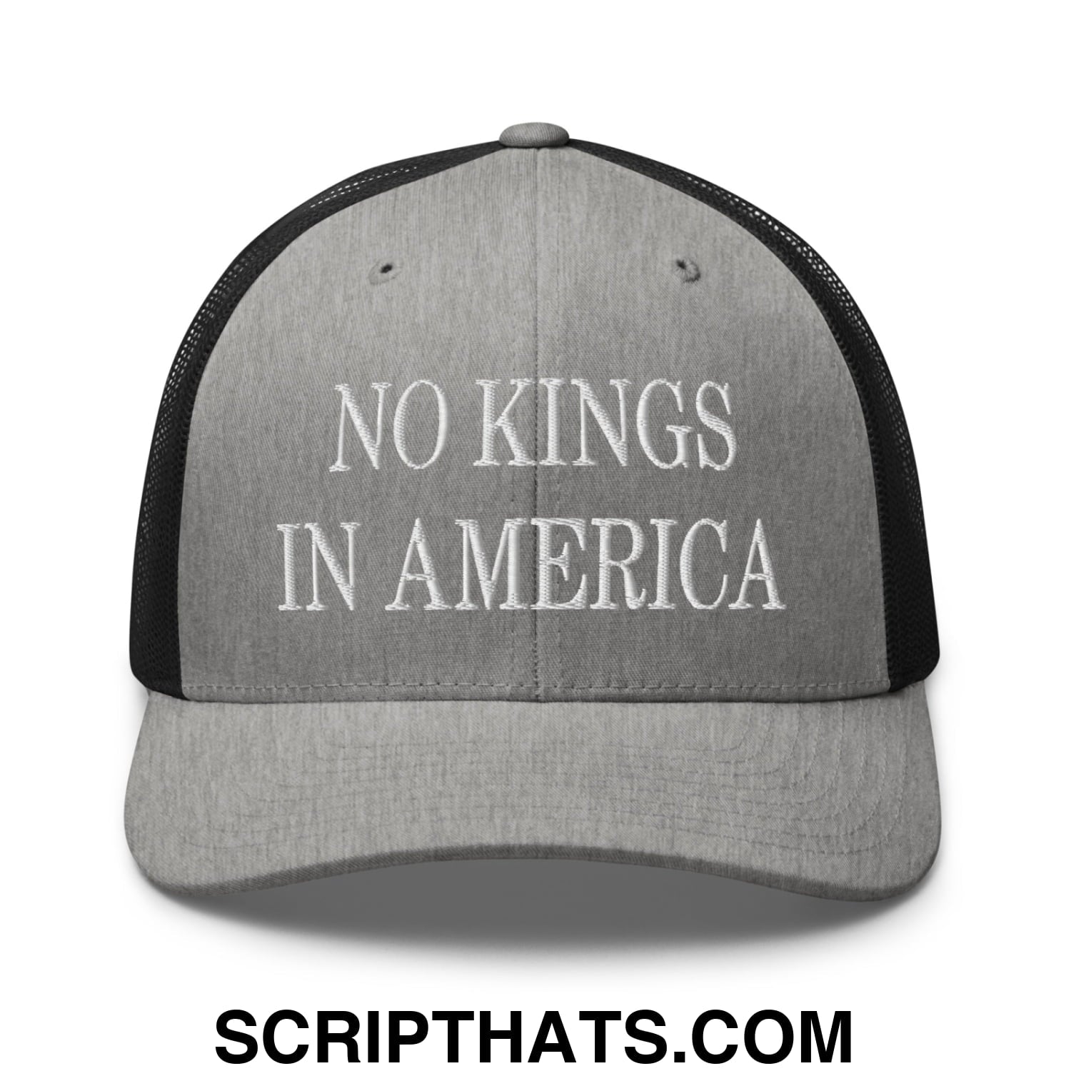 No Kings in America Embroidered Mesh Trucker Hat Heather Black