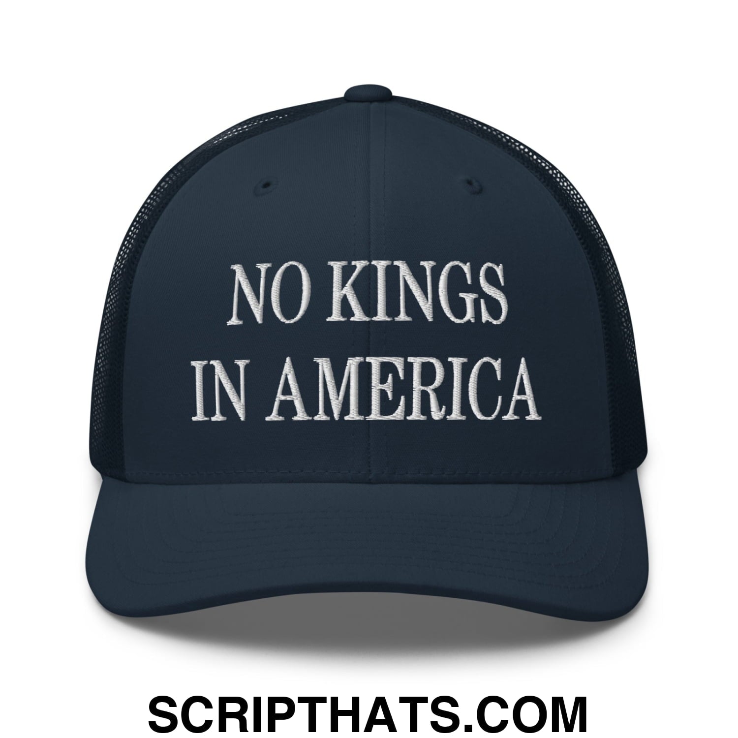 No Kings in America Embroidered Mesh Trucker Hat Navy