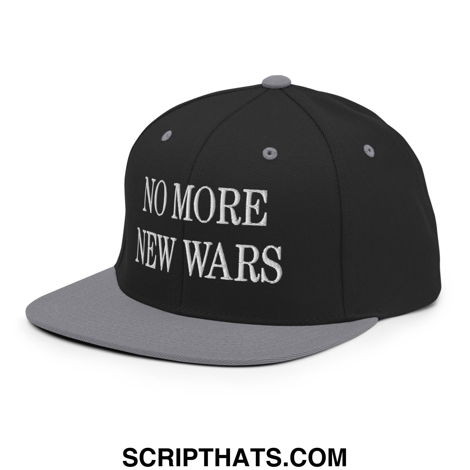 No More New Wars Embroidered Flat Bill Brim Snapback Hat Black Silver