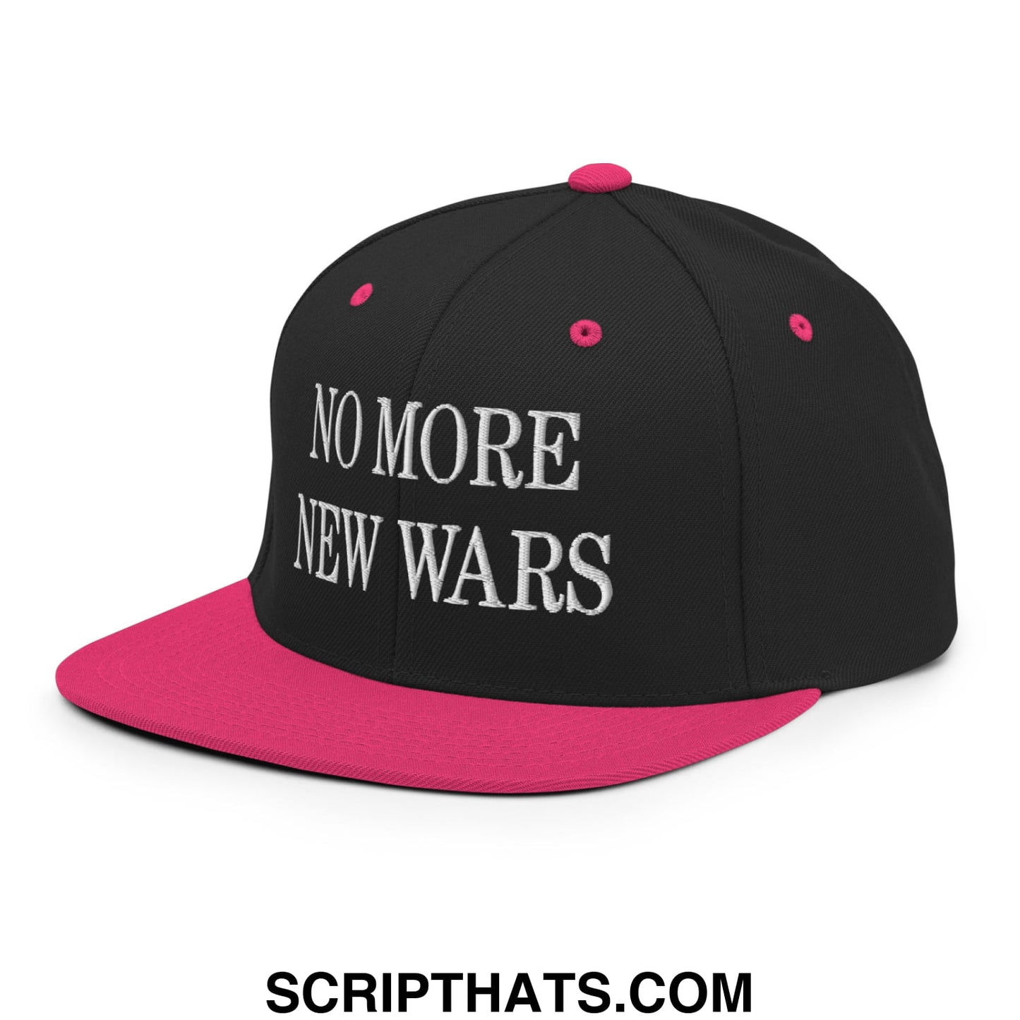 No More New Wars Embroidered Flat Bill Brim Snapback Hat Black Neon Pink