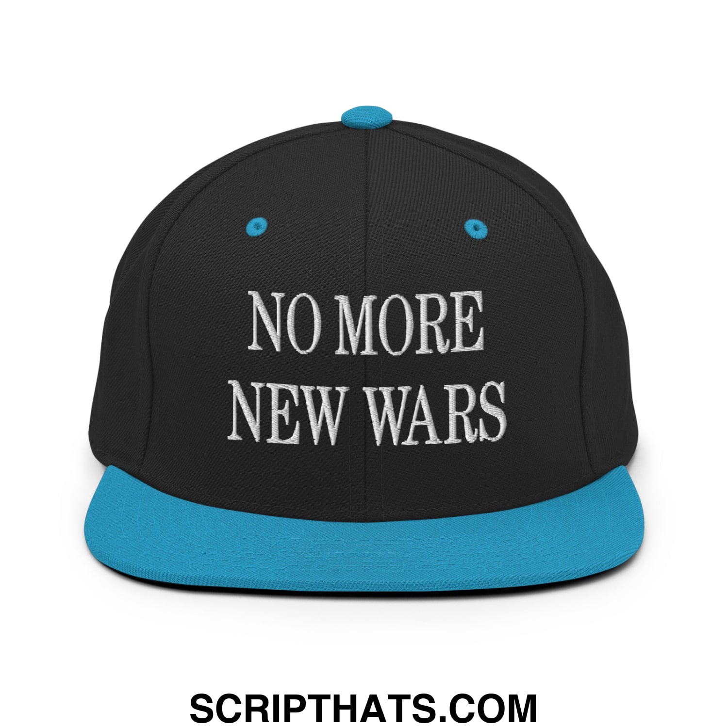No More New Wars Embroidered Flat Bill Brim Snapback Hat Black Teal
