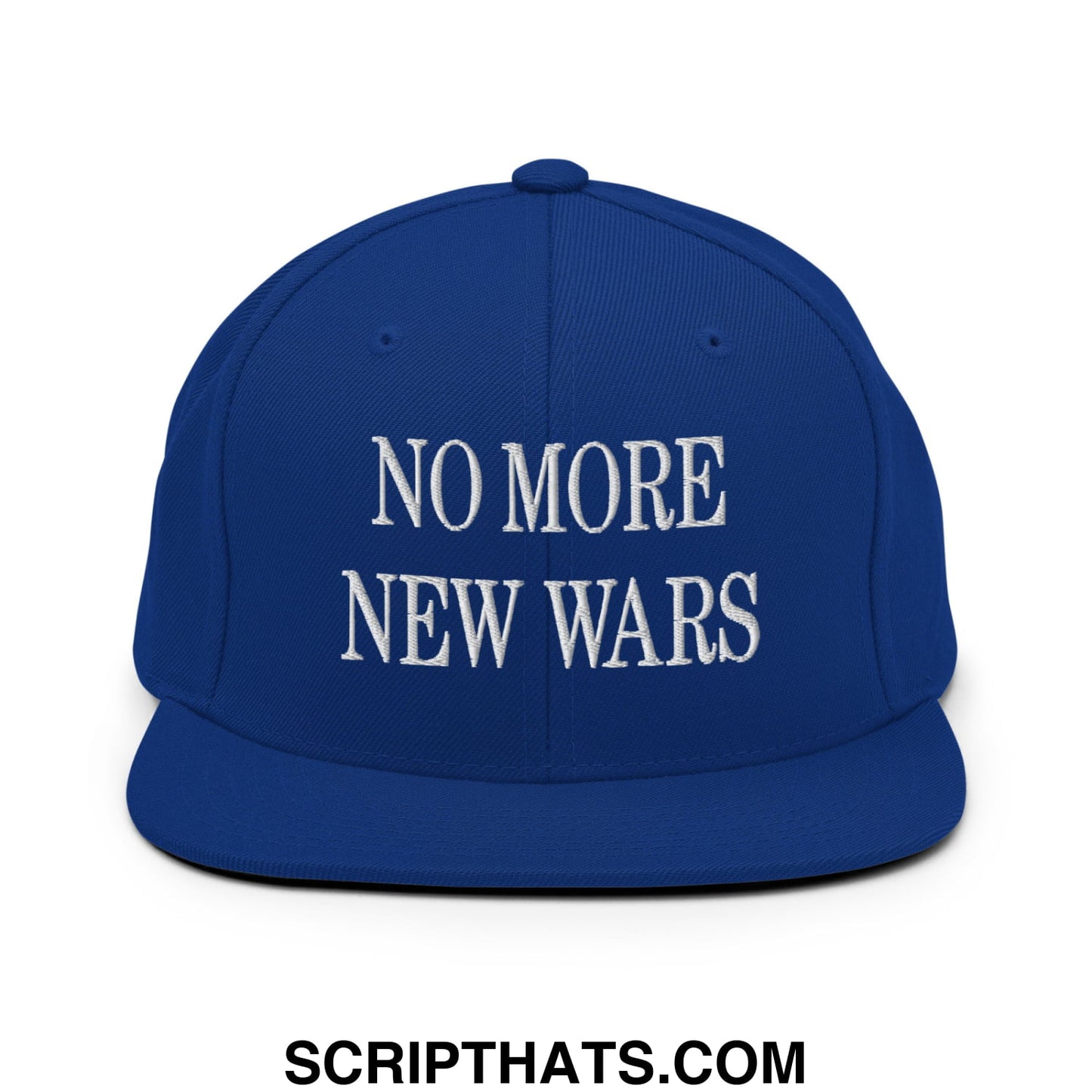 No More New Wars Embroidered Flat Bill Brim Snapback Hat Royal Blue