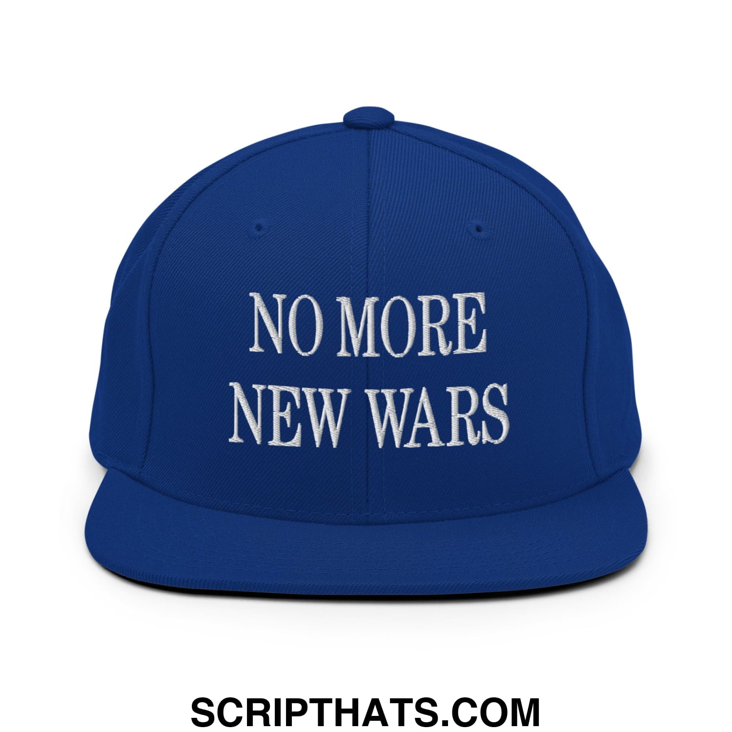 No More New Wars Embroidered Flat Bill Brim Snapback Hat Royal Blue