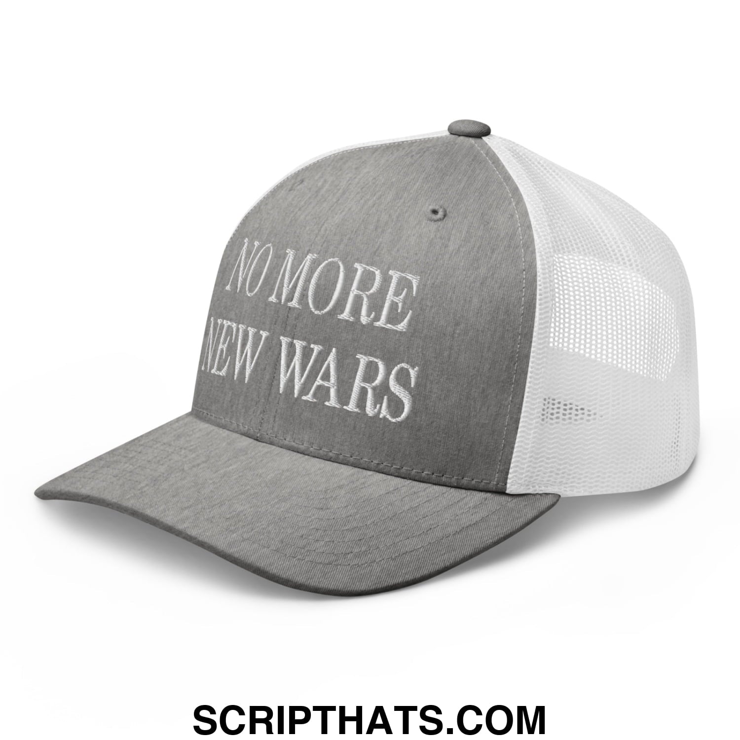 No More New Wars Embroidered Mesh Trucker Hat Heather Grey White