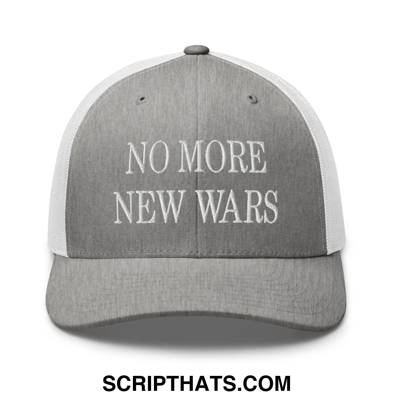 No More New Wars Embroidered Mesh Trucker Hat Heather Grey White