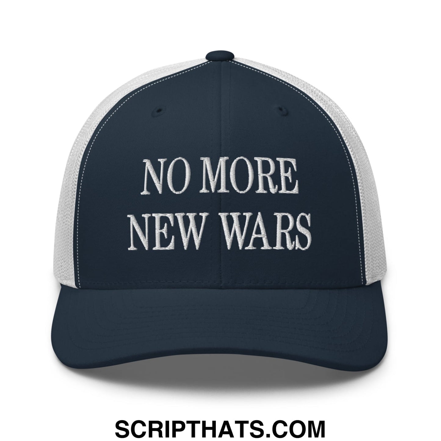 No More New Wars Embroidered Mesh Trucker Hat Navy White