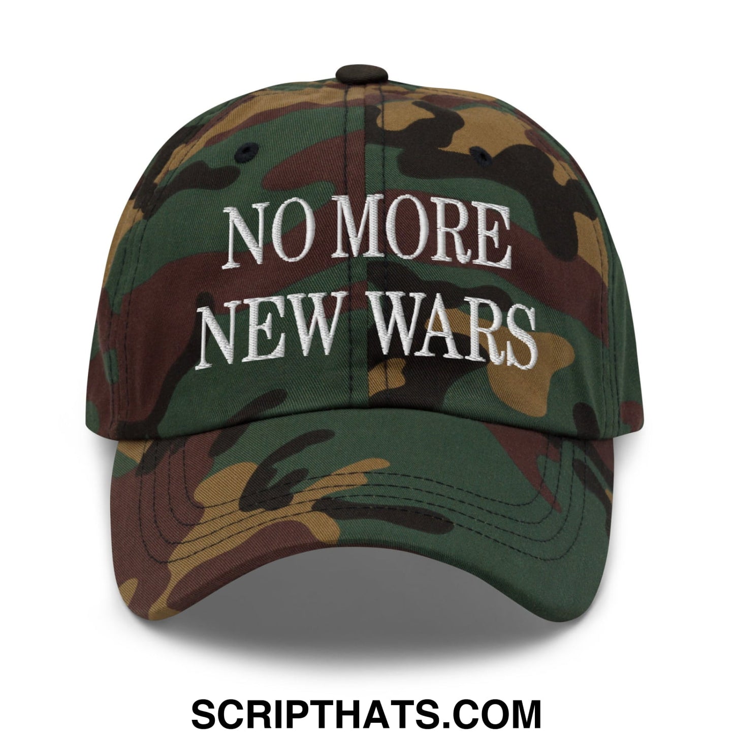 No More New Wars Embroidered Unstructured Dad Hat Green Camo