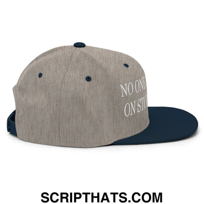 No One is Illegal on Stolen Land Embroidered Flat Bill Brim Snapback Hat Heather Grey Navy