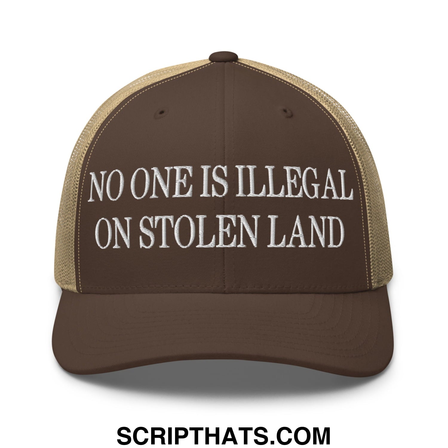 No One is Illegal on Stolen Land Embroidered Mesh Trucker Hat Brown Khaki