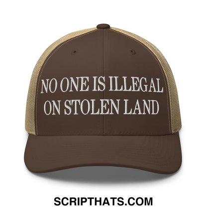 No One is Illegal on Stolen Land Embroidered Mesh Trucker Hat Brown Khaki