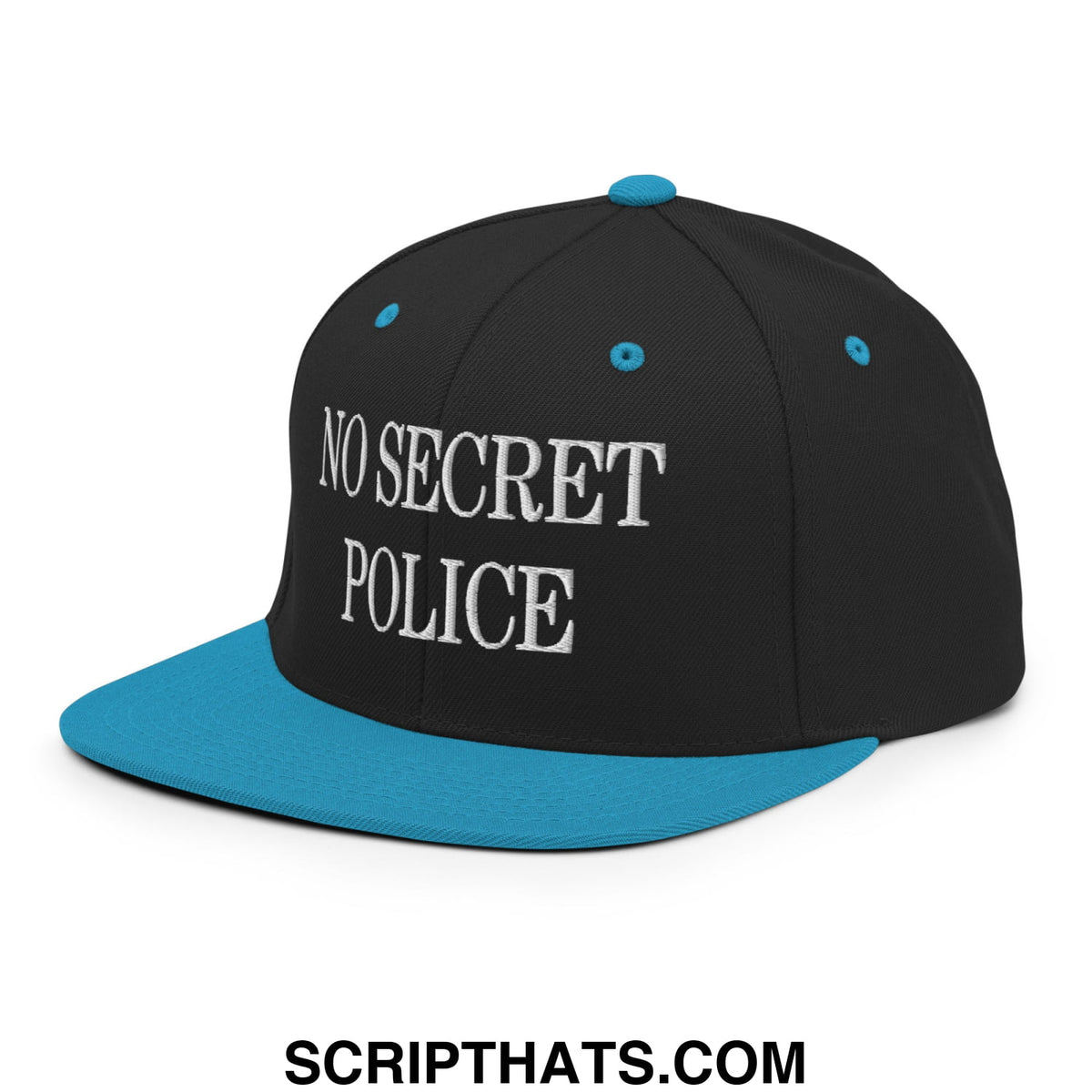 Black snapback hat with teal flat brim and white embroidered no secret police text for casual wear
