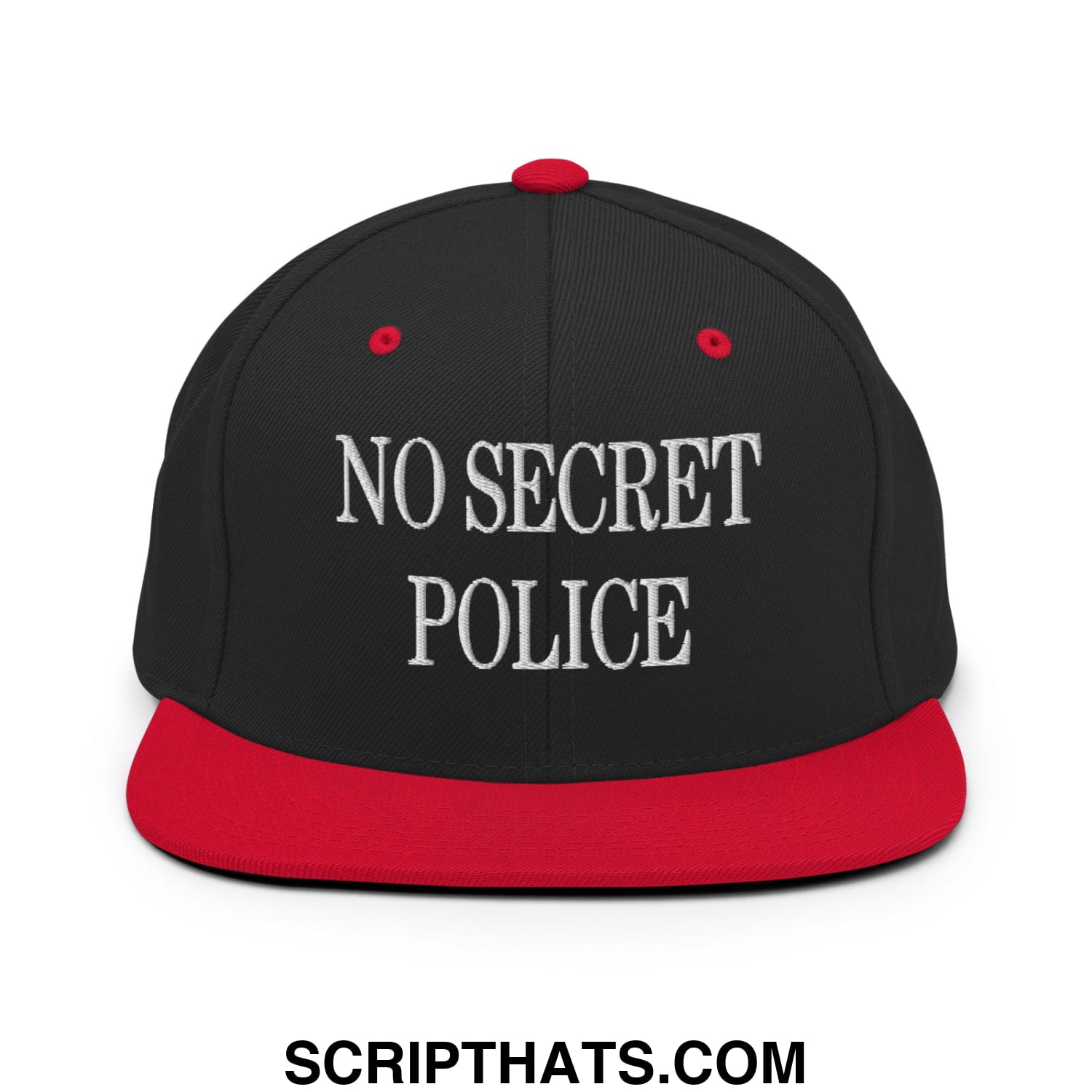 No Secret Police Embroidered Flat Bill Brim Snapback Hat Black Red