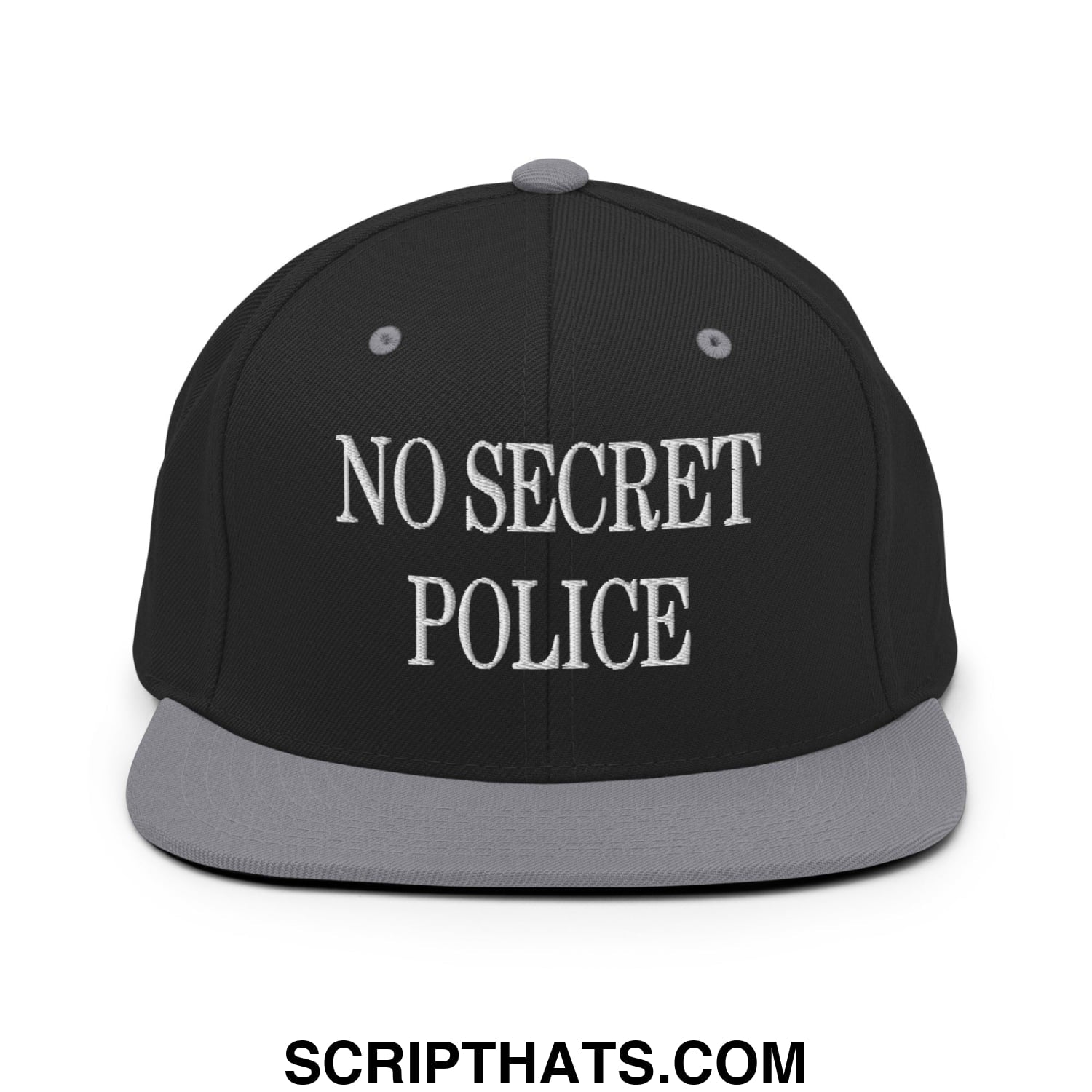 No Secret Police Embroidered Flat Bill Brim Snapback Hat Black Silver