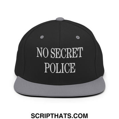 No Secret Police Embroidered Flat Bill Brim Snapback Hat Black Silver
