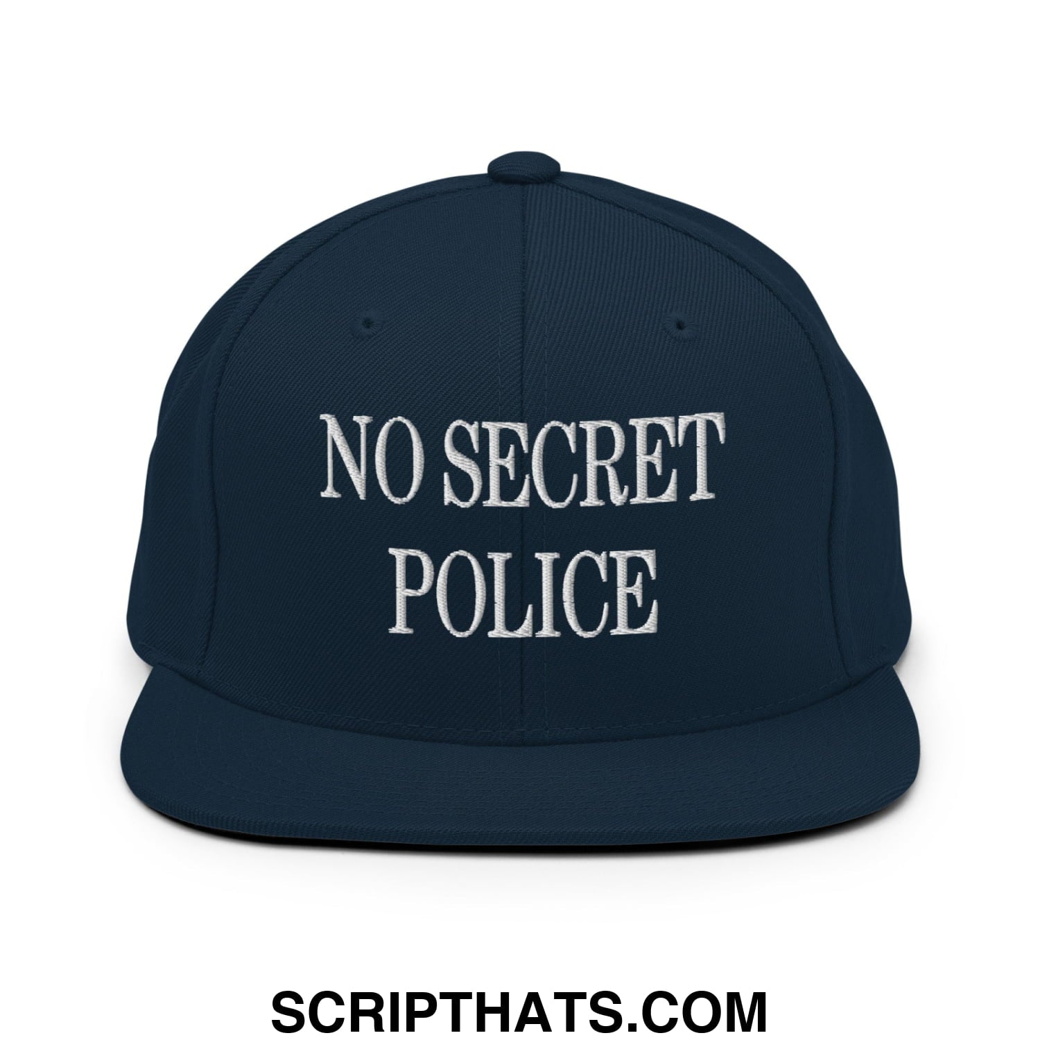 No Secret Police Embroidered Flat Bill Brim Snapback Hat Dark Navy
