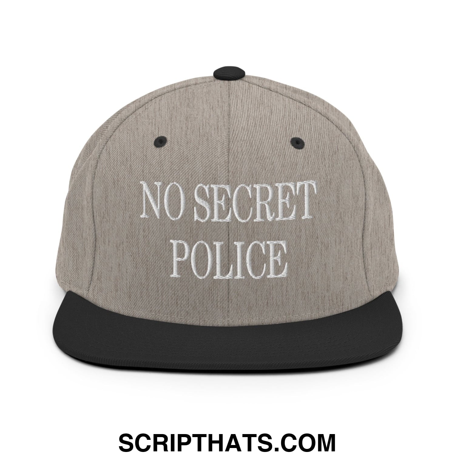 No Secret Police Embroidered Flat Bill Brim Snapback Hat Heather Black
