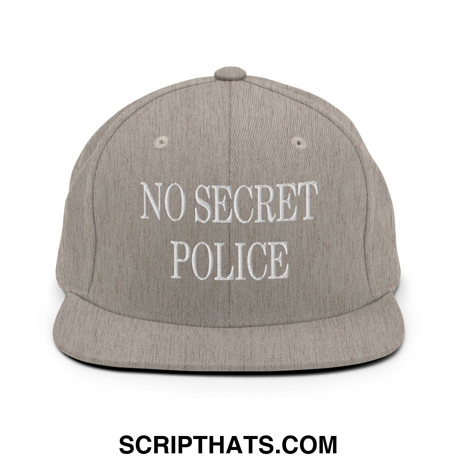 No Secret Police Embroidered Flat Bill Brim Snapback Hat Heather Grey