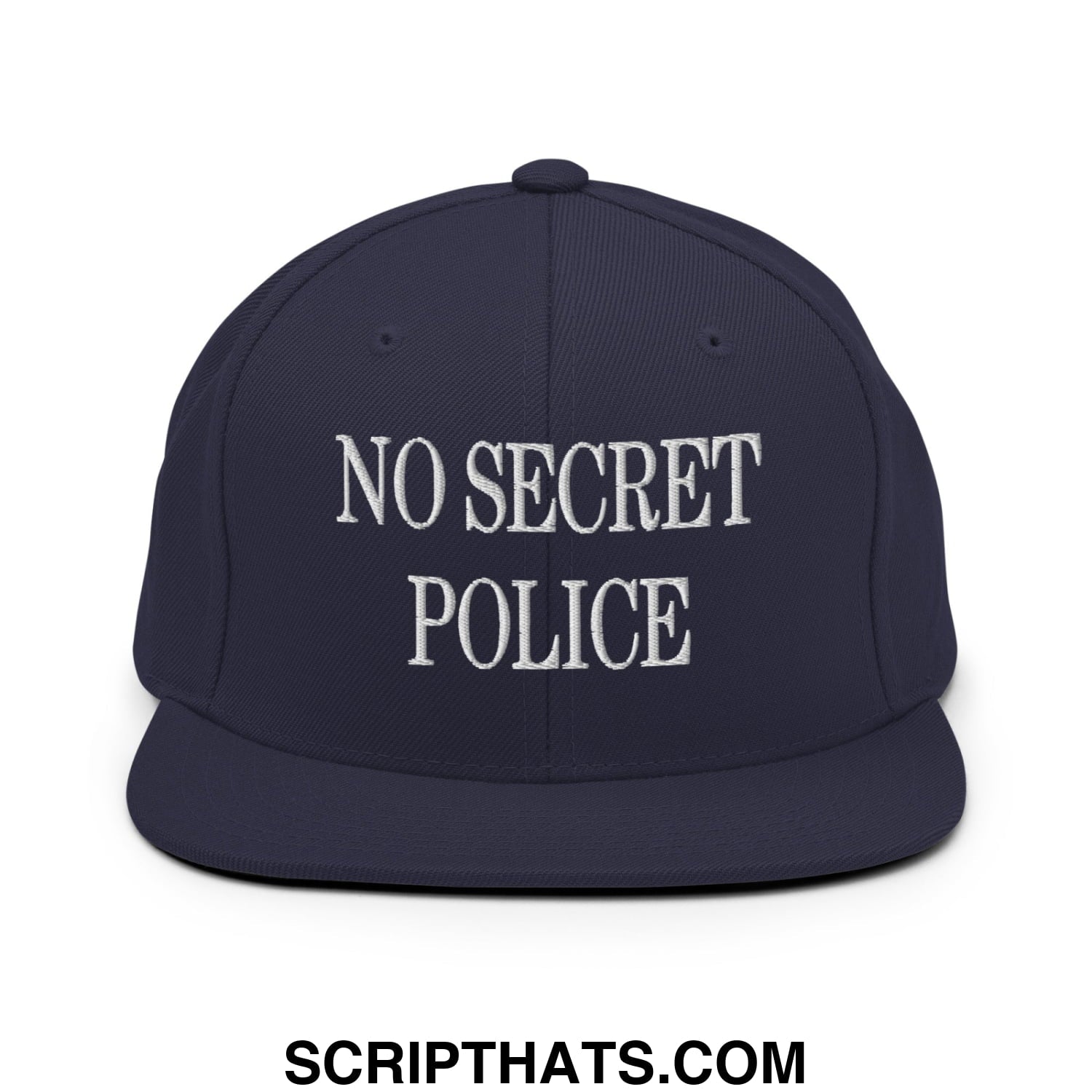 No Secret Police Embroidered Flat Bill Brim Snapback Hat Navy