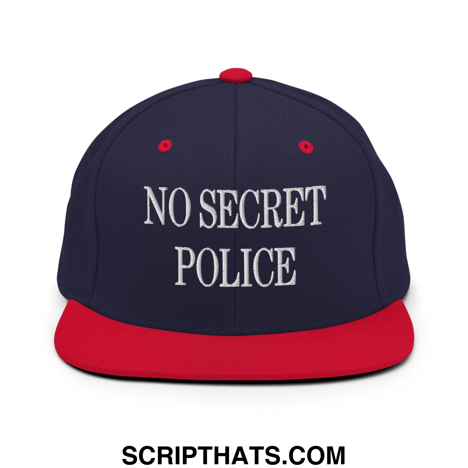 No Secret Police Embroidered Flat Bill Brim Snapback Hat Navy Red