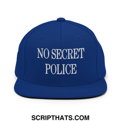 No Secret Police Embroidered Flat Bill Brim Snapback Hat Royal Blue