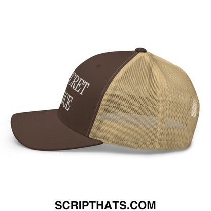 No Secret Police Embroidered Mesh Trucker Hat Brown Khaki