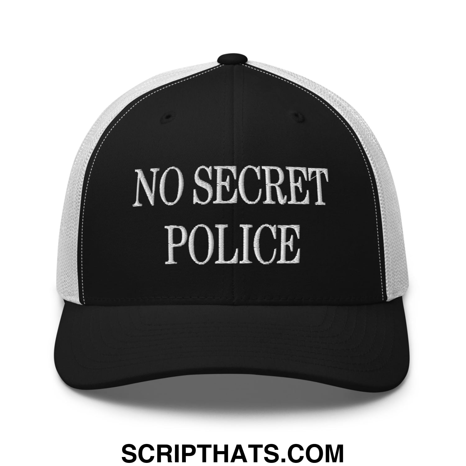 No Secret Police Embroidered Mesh Trucker Hat Black White
