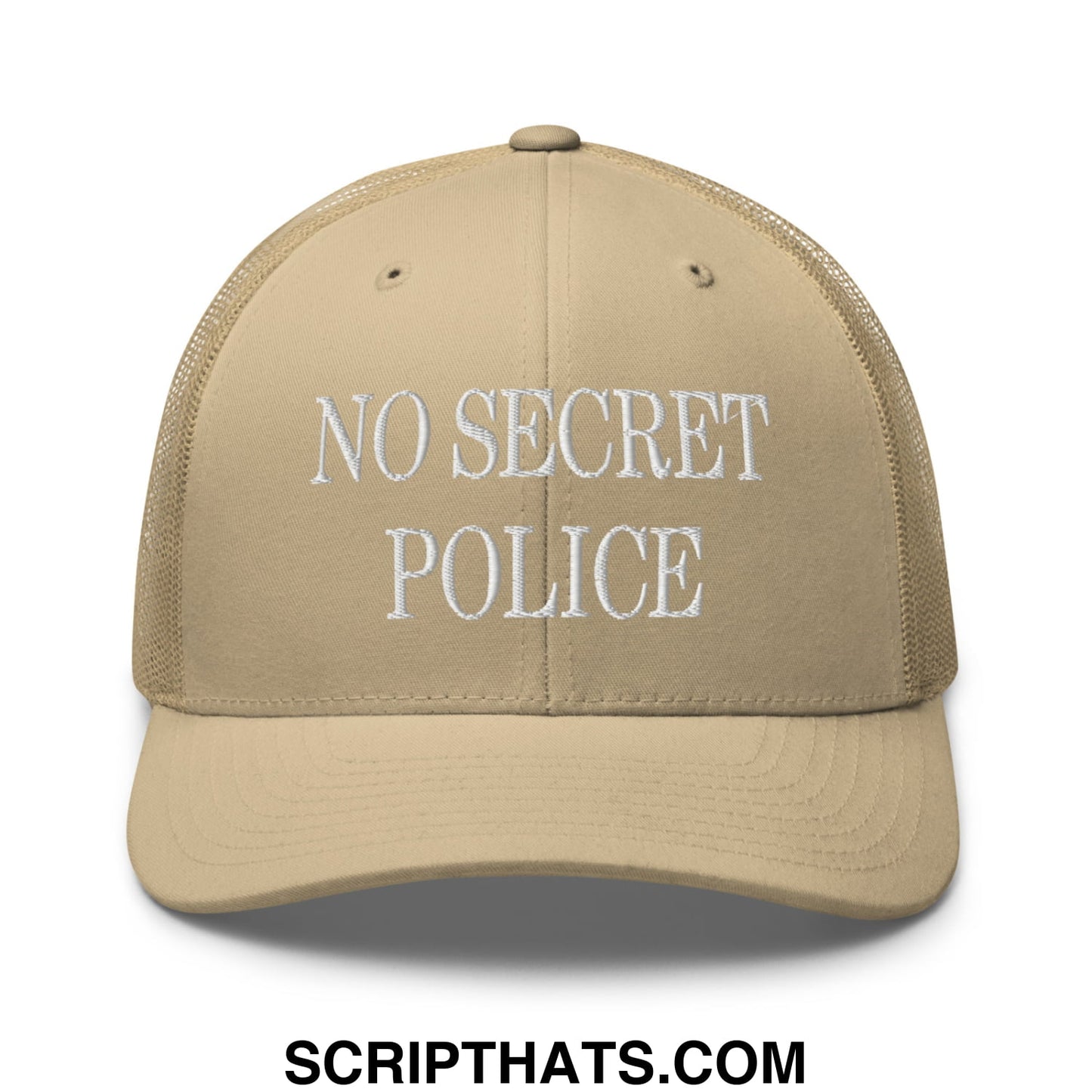 No Secret Police Embroidered Mesh Trucker Hat Khaki