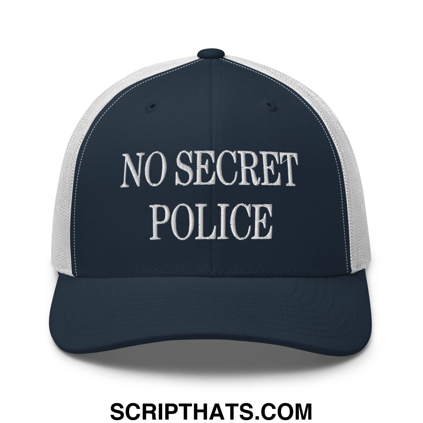 No Secret Police Embroidered Mesh Trucker Hat Navy White