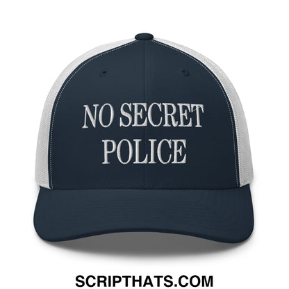 No Secret Police Embroidered Mesh Trucker Hat Navy White