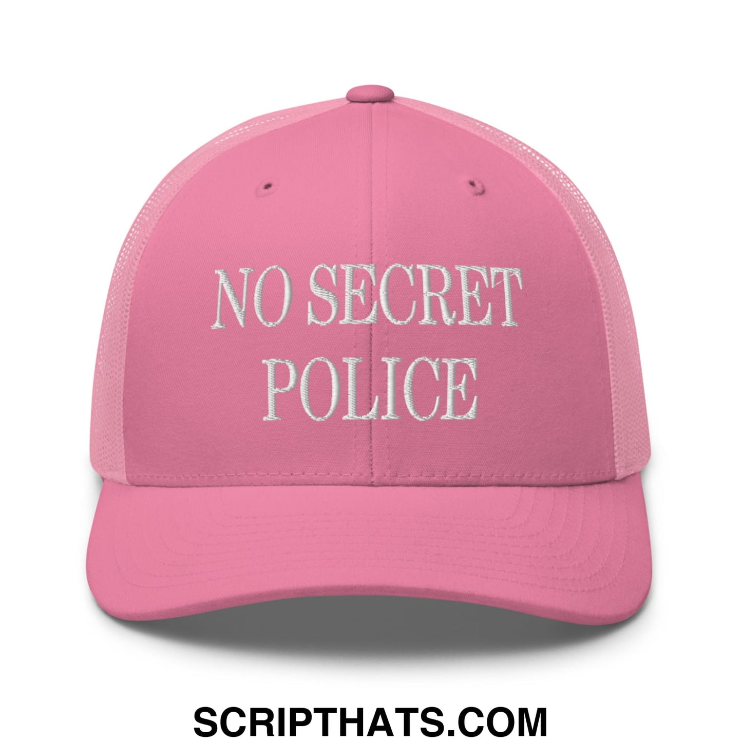No Secret Police Embroidered Mesh Trucker Hat Pink