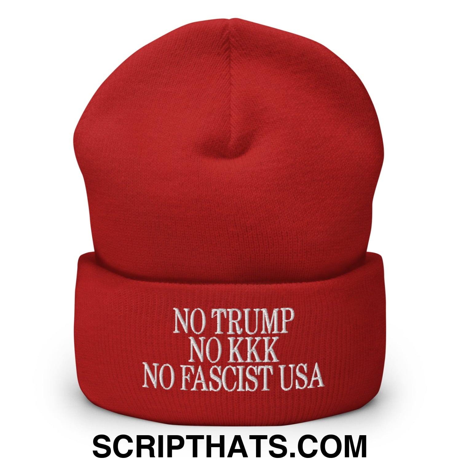 No Trump, No KKK, No Fascist USA Embroidered Cuffed Knit Beanie Red