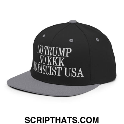 No Trump, No KKK, No Fascist USA Embroidered Flat Brim Bill Snapback Hat Black Silver