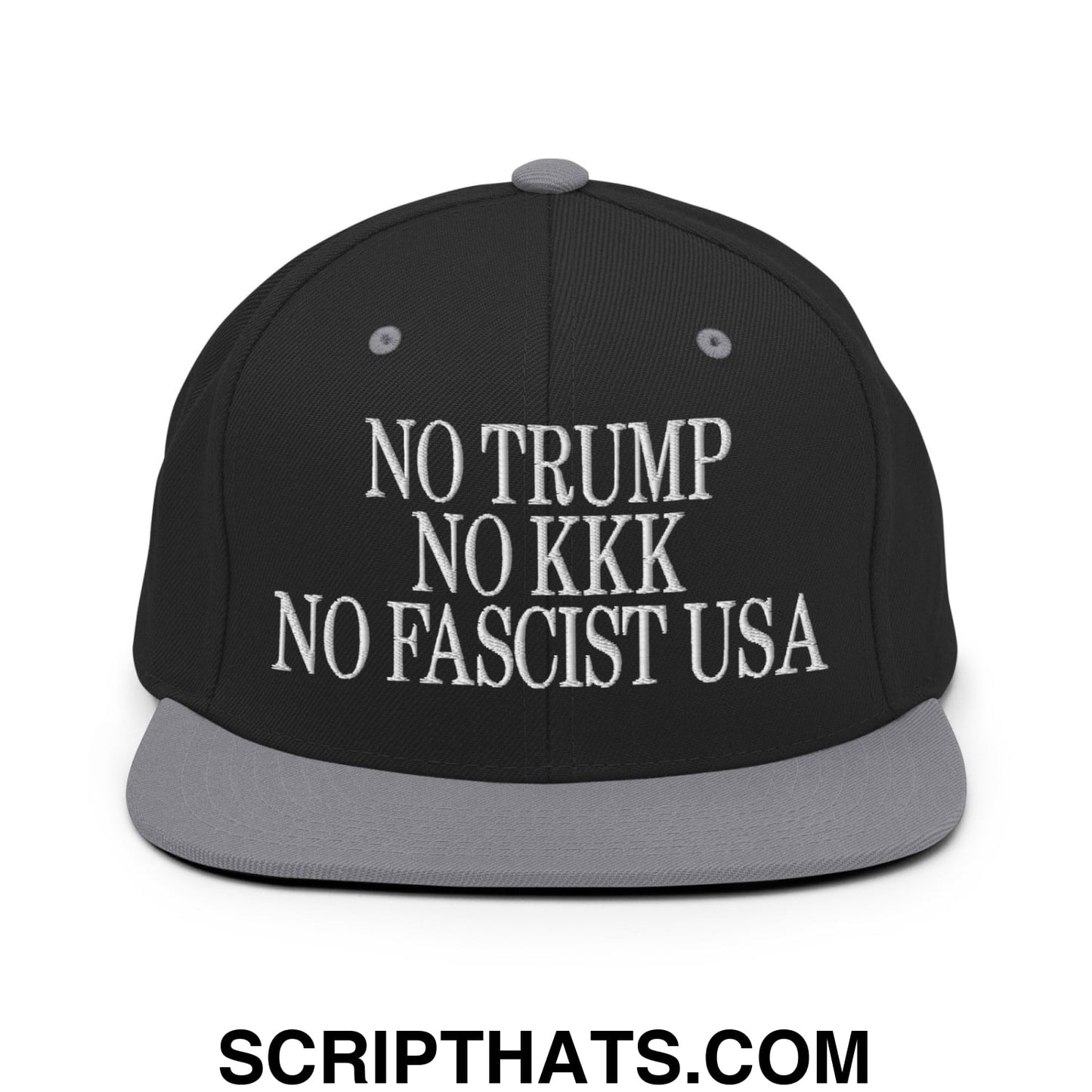 No Trump, No KKK, No Fascist USA Embroidered Flat Brim Bill Snapback Hat Black Silver