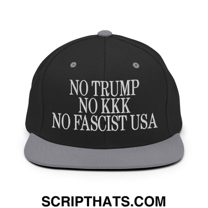 No Trump, No KKK, No Fascist USA Embroidered Flat Brim Bill Snapback Hat Black Silver