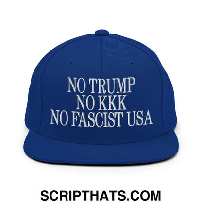 No Trump, No KKK, No Fascist USA Embroidered Flat Brim Bill Snapback Hat Royal Blue