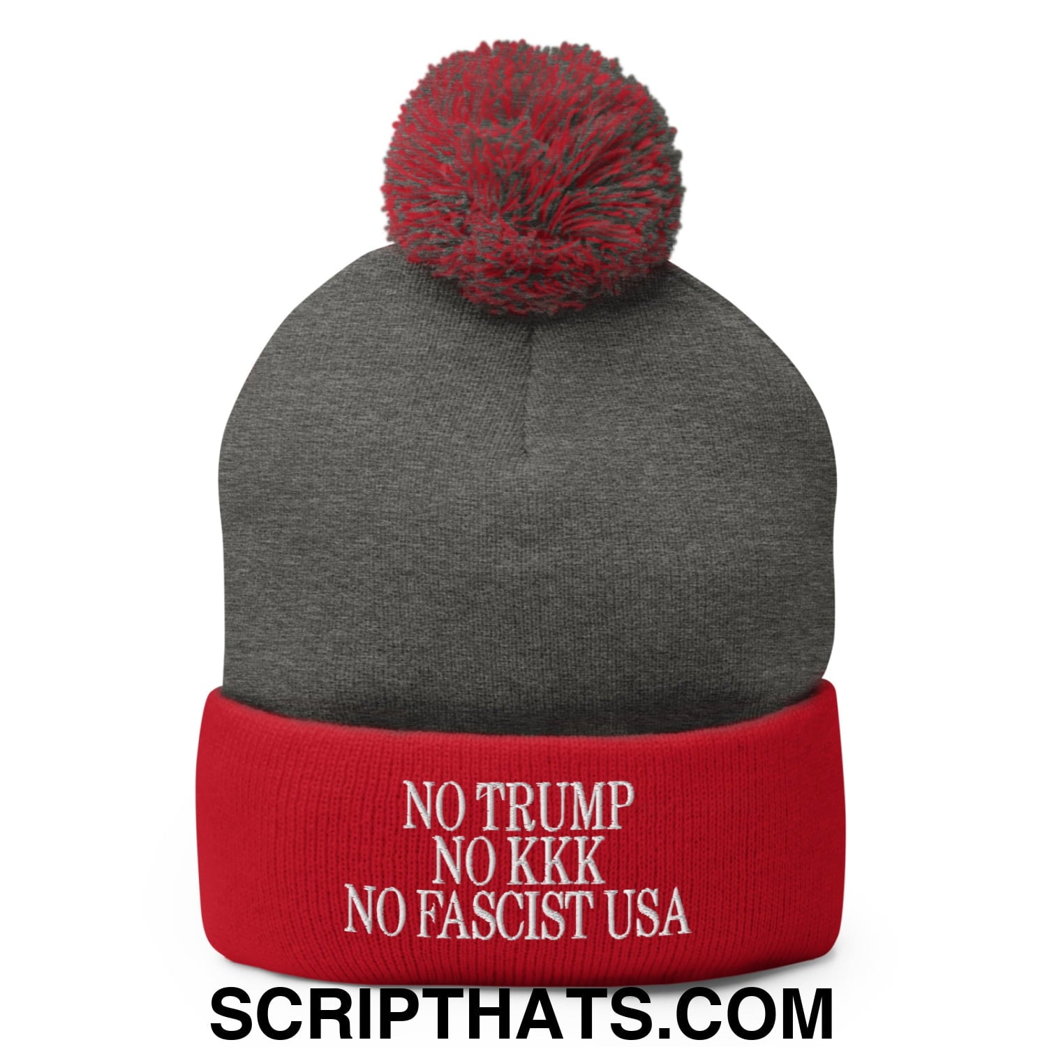 No Trump, No KKK, No Fascist USA Embroidered Pom Pom Knit Beanie Dark Heather Grey Red