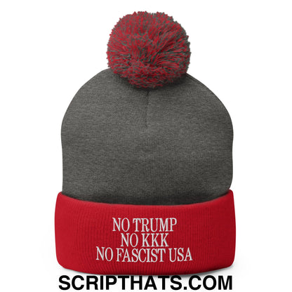 No Trump, No KKK, No Fascist USA Embroidered Pom Pom Knit Beanie Dark Heather Grey Red