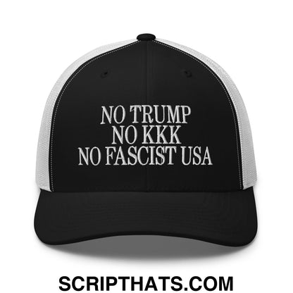 No Trump, No KKK, No Fascist USA Embroidered Retro Mesh Trucker Hat Black White