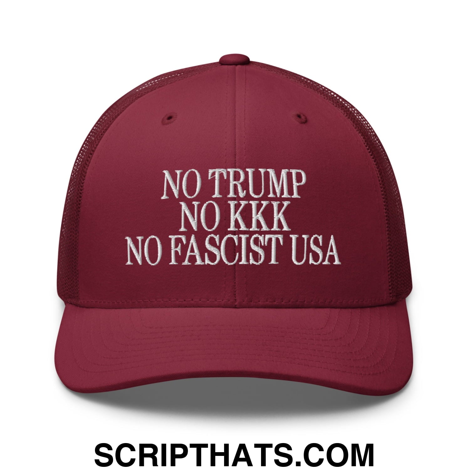No Trump, No KKK, No Fascist USA Embroidered Retro Mesh Trucker Hat Cranberry